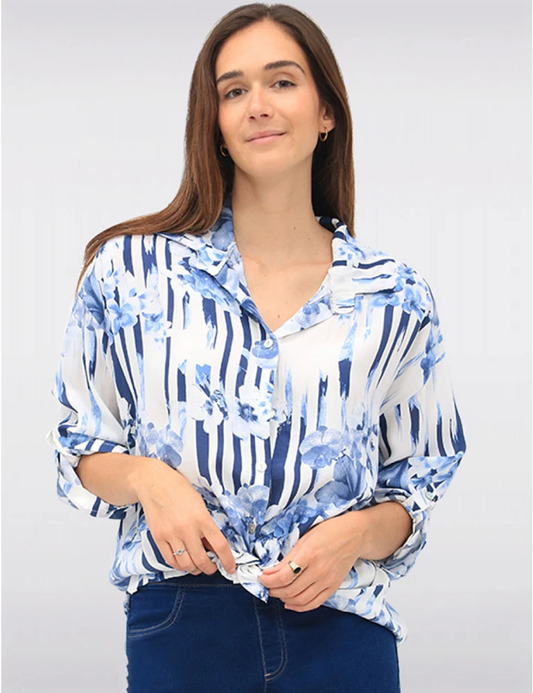 Manteaux Manteaux | La maison du manteau au Québec Blouse Boutonnée à Imprimé Rayé et Floral avec Ourlet Arrondi par Froccella