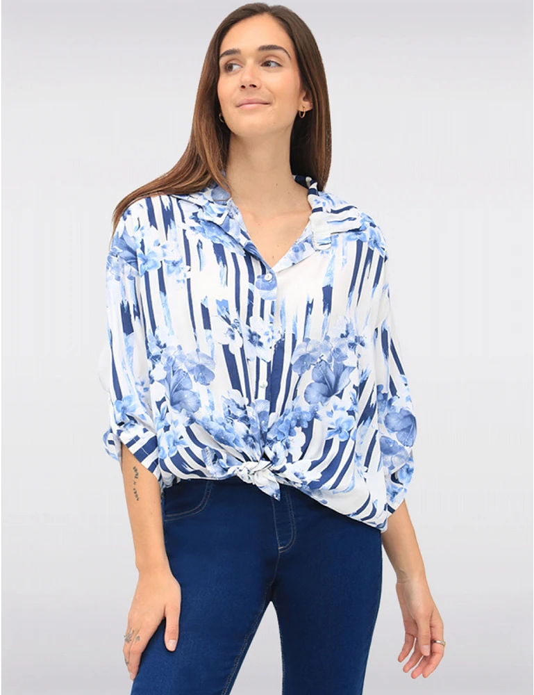 Manteaux Manteaux | La maison du manteau au Québec Blouse Boutonnée à Imprimé Rayé et Floral avec Ourlet Arrondi par Froccella