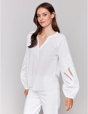 Manteaux | La maison du manteau au Québec Blouse Blanche Boutonnée en Coton à Manches Ballon Longues Brodées Par Charlie B