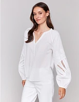 Manteaux | La maison du manteau au Québec Blouse Blanche Boutonnée en Coton à Manches Ballon Longues Brodées Par Charlie B