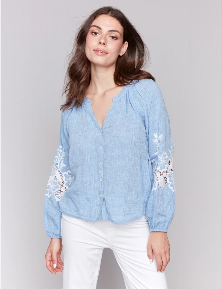 Manteaux | La maison du manteau au Québec Blouse Boutonnée en Coton-lin avec Manches Ballon Longues Brodées Par Charlie B