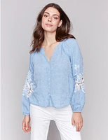 Manteaux | La maison du manteau au Québec Blouse Boutonnée en Coton-lin avec Manches Ballon Longues Brodées Par Charlie B