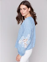 Manteaux | La maison du manteau au Québec Blouse Boutonnée en Coton-lin avec Manches Ballon Longues Brodées Par Charlie B