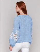 Manteaux | La maison du manteau au Québec Blouse Boutonnée en Coton-lin avec Manches Ballon Longues Brodées Par Charlie B