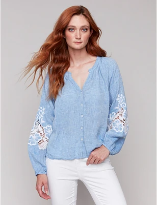 Manteaux | La maison du manteau au Québec Blouse Boutonnée en Coton-lin avec Manches Ballon Longues Brodées Par Charlie B