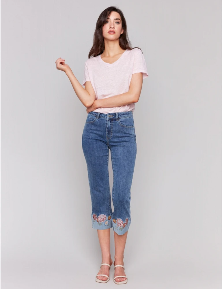 Manteaux | La maison du manteau au Québec Jean Denim Droit Écourté Extensible avec Poignets Brodés de Fleurs par Charlie B