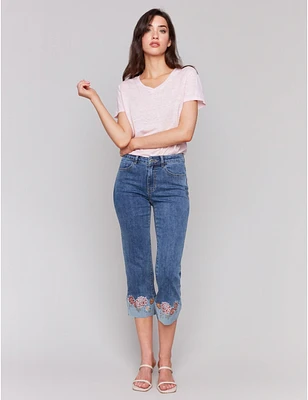Manteaux | La maison du manteau au Québec Jean Denim Droit Écourté Extensible avec Poignets Brodés de Fleurs par Charlie B