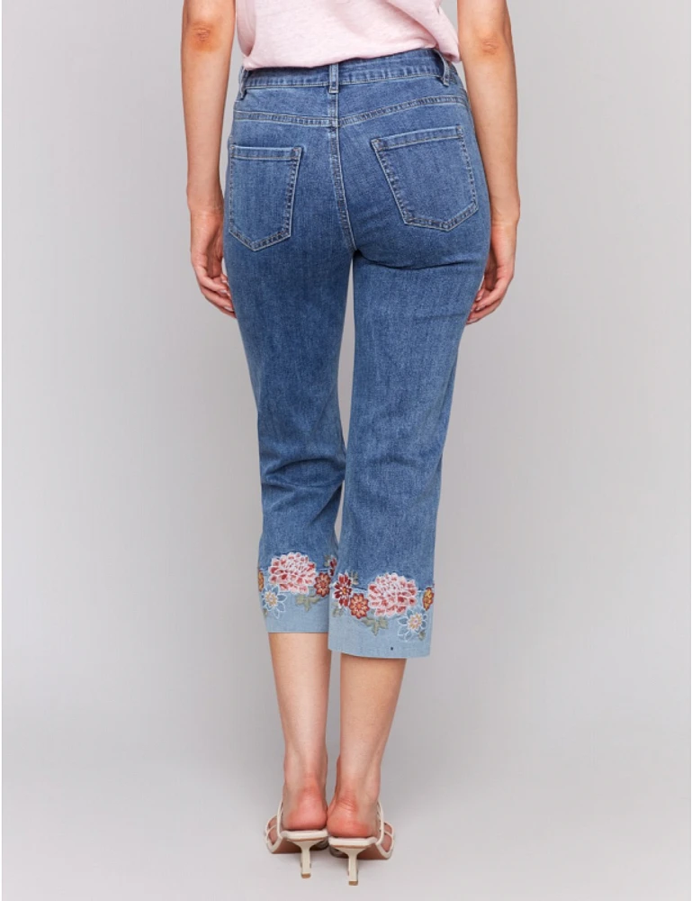 Manteaux | La maison du manteau au Québec Jean Denim Droit Écourté Extensible avec Poignets Brodés de Fleurs par Charlie B