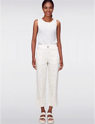 Manteaux | La maison du manteau au Québec Pantalon Droit Écourté en Sergé Extensible avec Broderies Florales par Charlie B