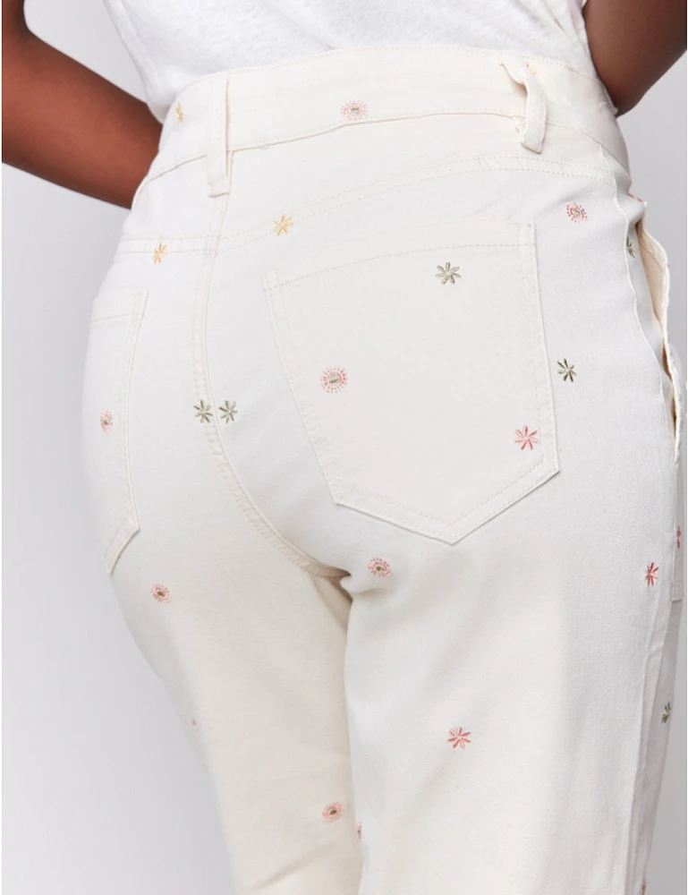 Manteaux | La maison du manteau au Québec Pantalon Droit Écourté en Sergé Extensible avec Broderies Florales par Charlie B