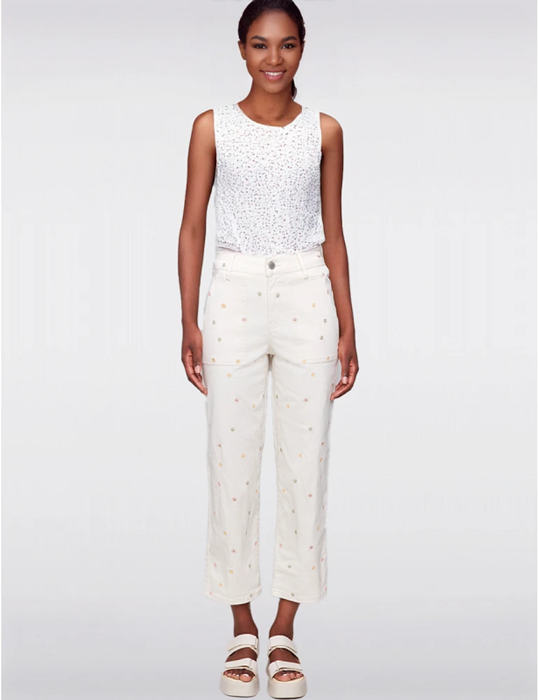 Manteaux | La maison du manteau au Québec Pantalon Droit Écourté en Sergé Extensible avec Broderies Florales par Charlie B