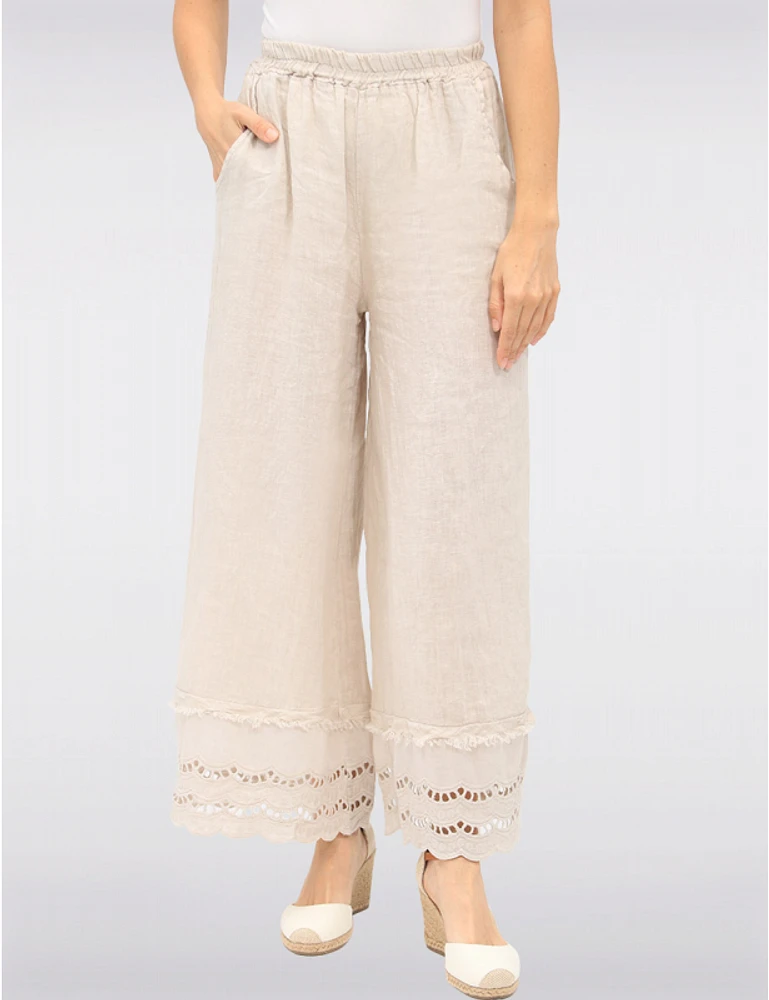 Manteaux | La maison du manteau au Québec Pantalon Large en Lin avec Bordures Broderie Anglaise et Poches par Froccella