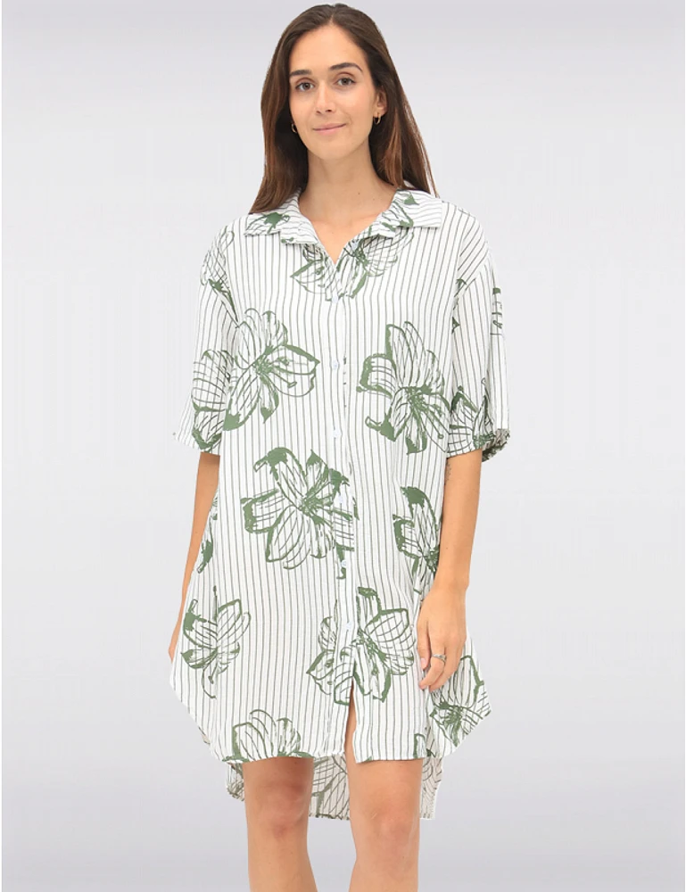 Manteaux | La maison du manteau au Québec Robe Chemise Rayée Fleurie à Manches Courtes & Ourlet Asymétrique par Froccella