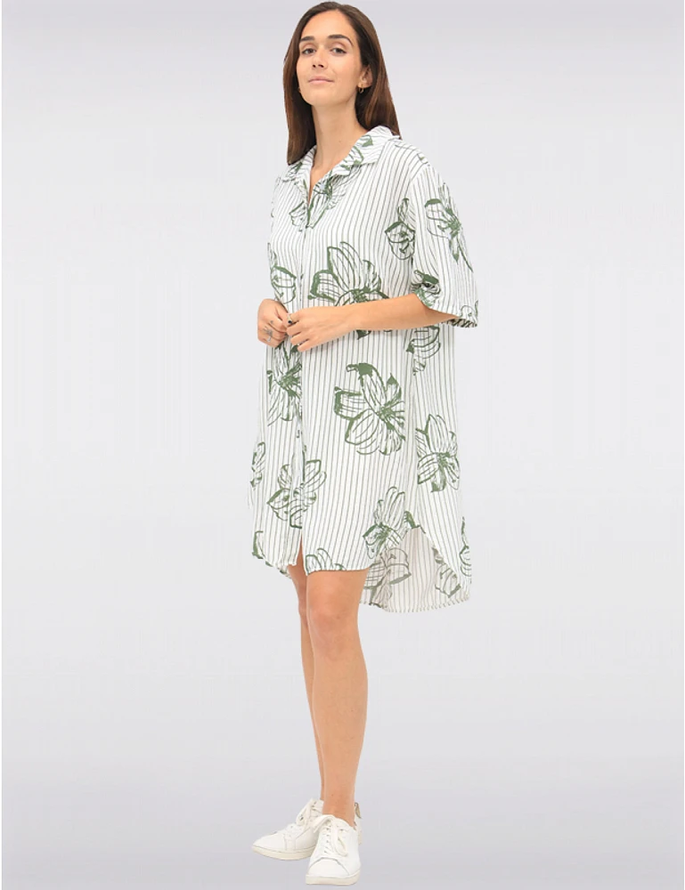 Manteaux | La maison du manteau au Québec Robe Chemise Rayée Fleurie à Manches Courtes & Ourlet Asymétrique par Froccella