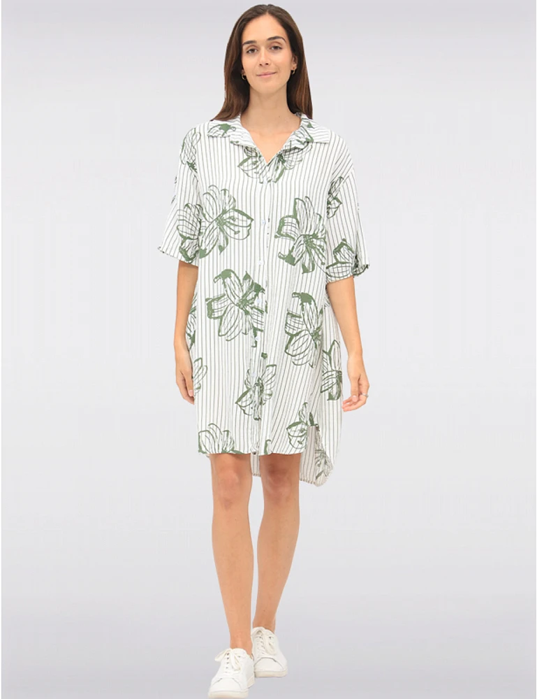 Manteaux | La maison du manteau au Québec Robe Chemise Rayée Fleurie à Manches Courtes & Ourlet Asymétrique par Froccella