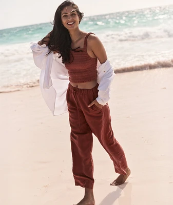 Linen Drawstring Straight Leg Pant