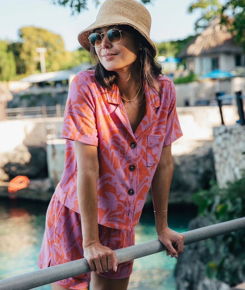 Terry Out Resort Shirt Orange/Lavender Floral Print
