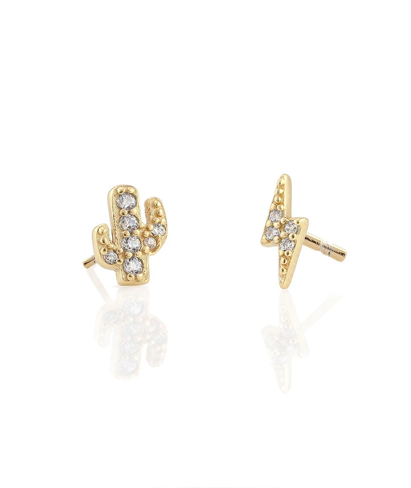 Kris Nations Pave Cactus/Bolt Stud Earrings in Gold/Crystal Quartz