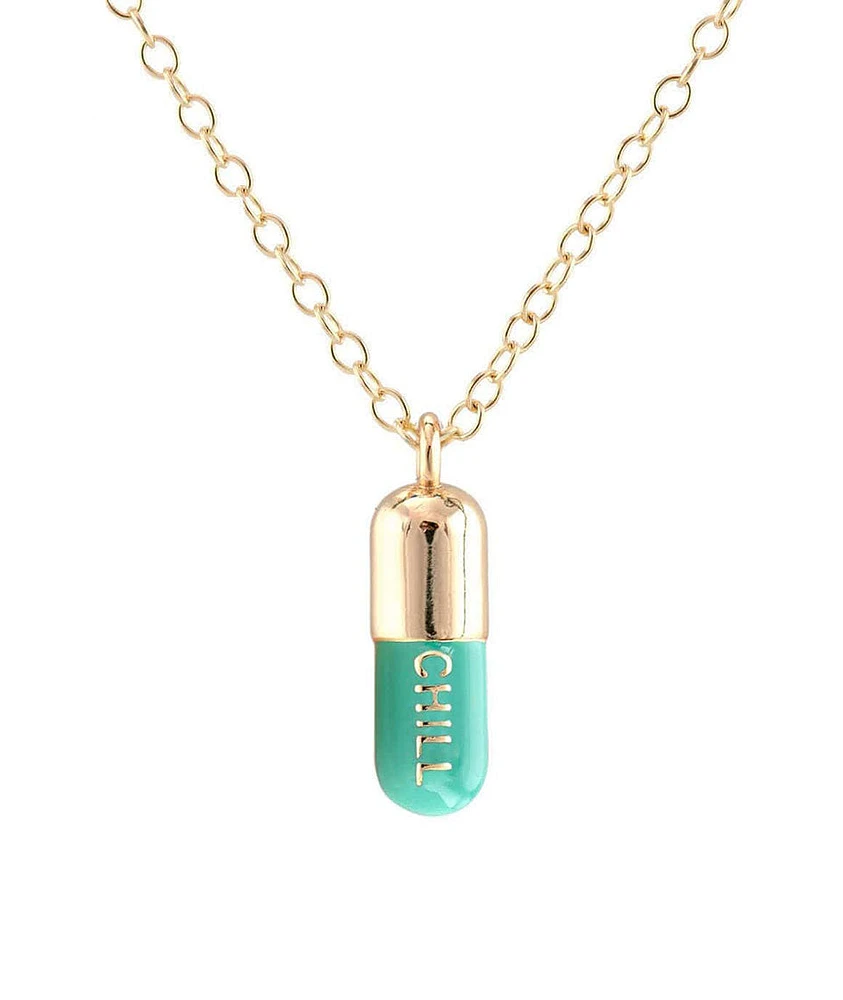 Kris Nations Chill Pill Enamel Necklace in Turquoise/Gold