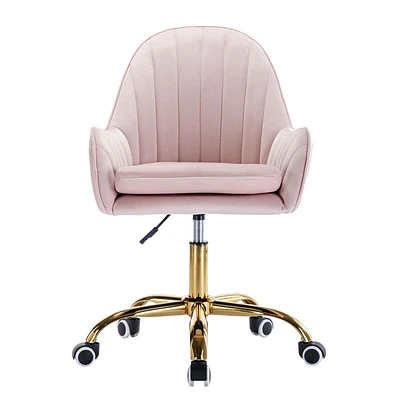 Velvet Home Office Chair with Wheels, Cute Chair with Side Arms and Gold Metal Base for Living Room, Bedroom, and Vanity Room, Bling Desk Nail Desk for Women, Adjustable Height, Pink