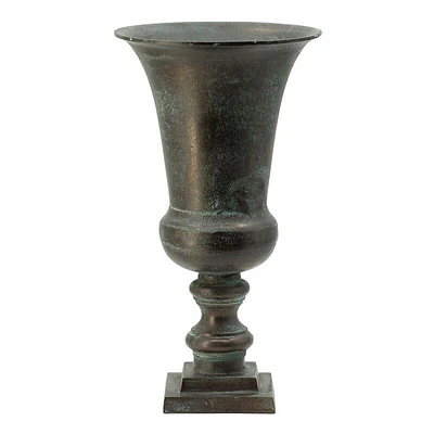 17 Inch Decorative Vase, Patina Finish, Tapered Aluminum Construction, Gray - Benzara