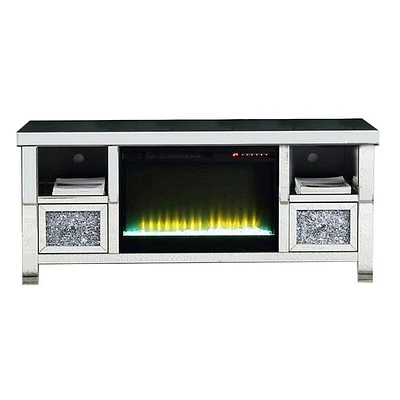 TV Stand with Fireplace and Faux Diamonds, Silver and Black-Benzara