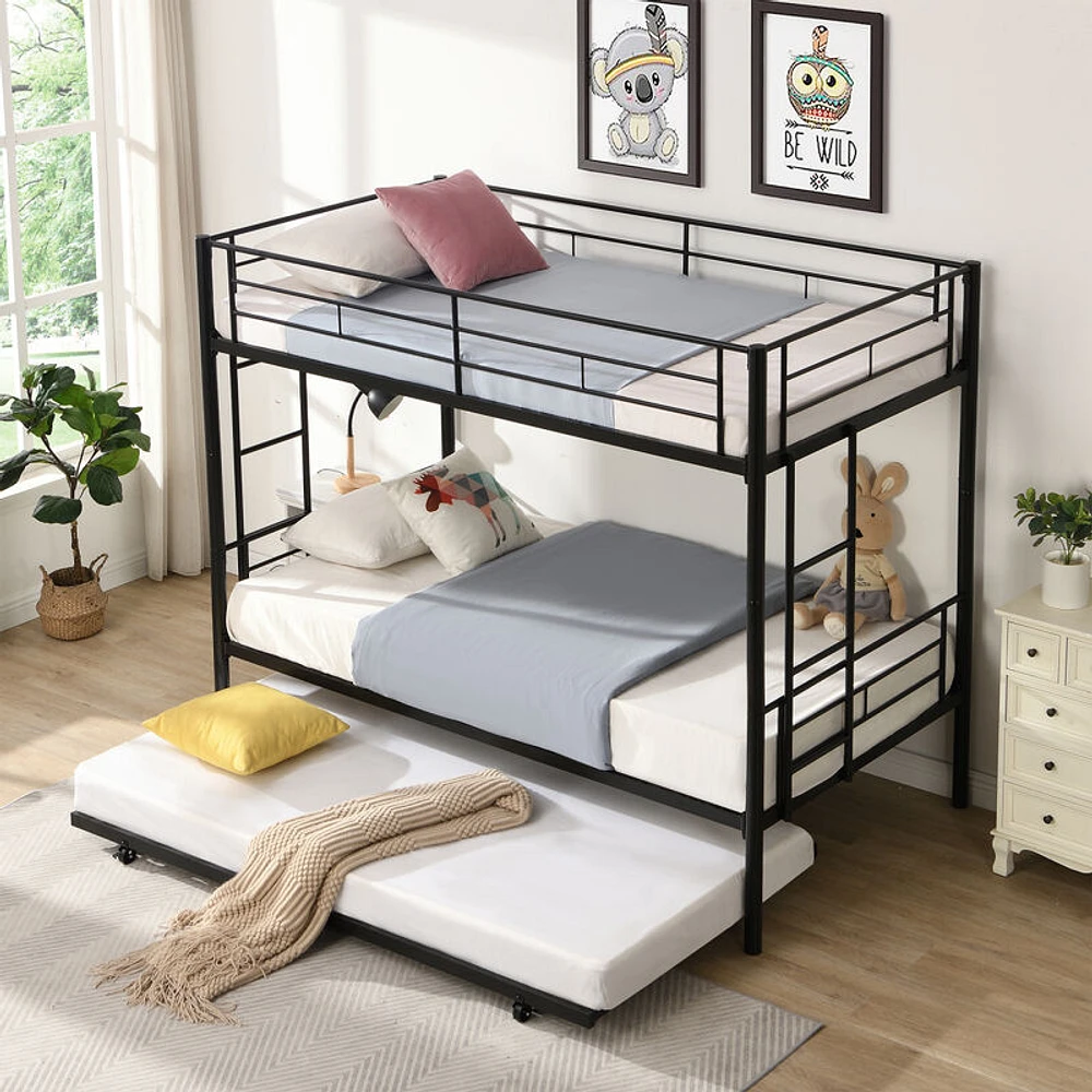 Simplie Fun Over Twin Bunk Bed Frame with Trundle,Metal Bunkbed with Sturdy  Guard Rail and 2 sideLadders for Kids/Adults,Can be Divided Into Two Beds,  No Box Spring Needed, Noise Free for Dorm,Black |