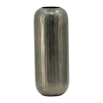 17 Inch Decorative Vase, Aluminum, Chisel Design, Silver Metallic Finish - Benzara