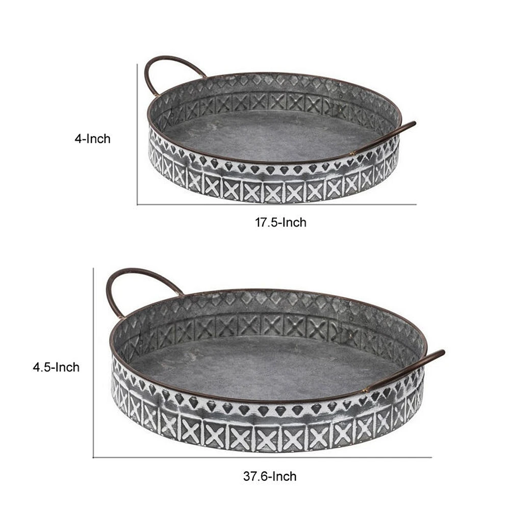 Benzara 18, 20 Inch Set of 2 Round Serving Trays with Handles, Galvanized  Gray Iron - Benzara | The Market Place