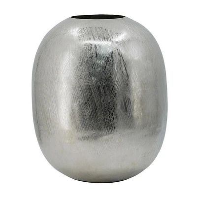 Chan 13 Inch Modern Metal Vase, Curved Round Shape, Metallic Silver Finish - Benzara