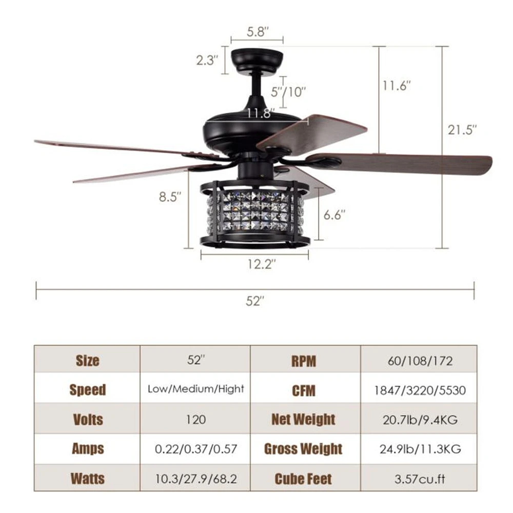 Hivvago 52 Inch 3-Speed Crystal Ceiling Fan Light with Remote Control-Black  | The Market Place