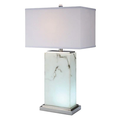 29 Inch Table Lamp, White Marble Stand, Rectangular Shade, Metal Base-Benzara