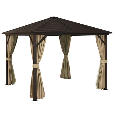 Outsunny 10' x Hardtop Gazebo Canopy with Galvanized Steel Roof, Aluminum Frame, Permanent Pavilion Outdoor Hook, Netting and Curtains for Patio, Garden, Backyard, Brown