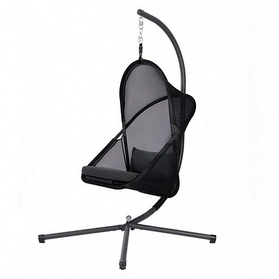 28 Inch Swing Chair, Sturdy Steel Frame, Breathable Mesh, Black And Gray - Benzara