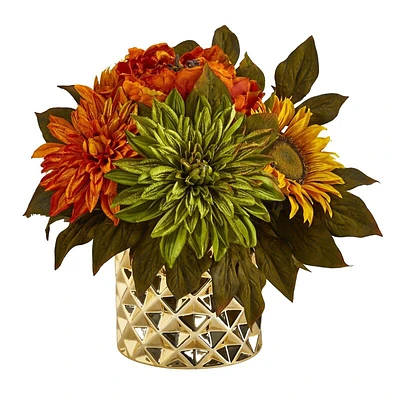 Nearly Natural 11-in Peony, Dahlia and Sunflower Arrangement in Gold Vase