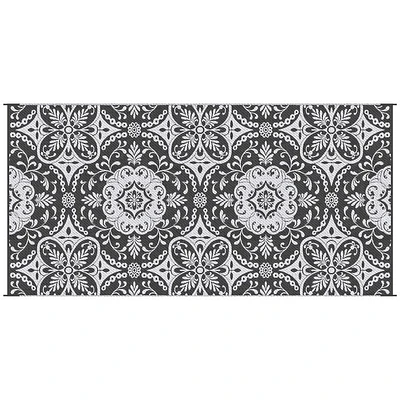 Outsunny Reversible Outdoor Rug with Carry Bag 9' x 18' Gray & White Flower