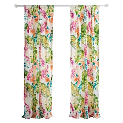 Porto 84 Inch Panel Window Curtains, Tropical Palm Leaves, Green and Blue - Benzara