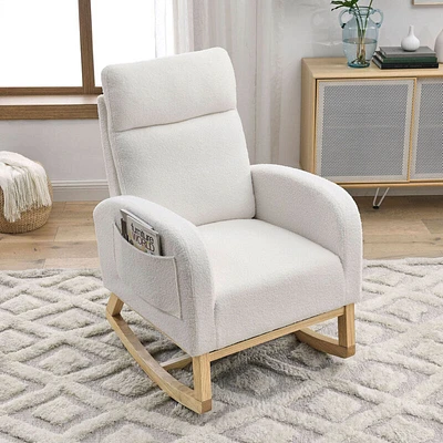 27.6" W Modern Accent High Backrest Living Room Lounge Arm Rocking Chair, Two Side Pocket, Teddy White (Ivory)