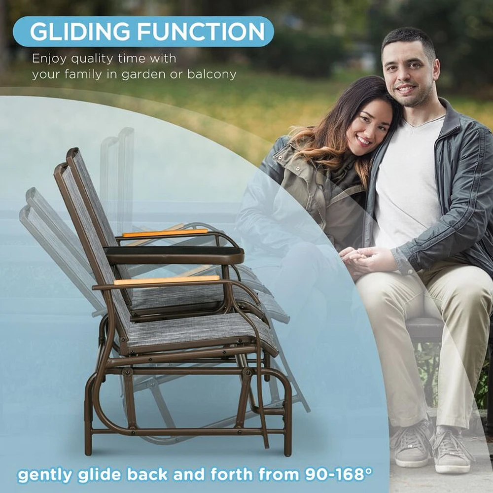 Outsunny 2 Person Outdoor Glider Bench, Patio Swing Glider Chair Loveseat  with Breathable Mesh, Table, Steel Frame for Garden, Backyard, Porch, Gray  - Mathis Home in Irvine, CA