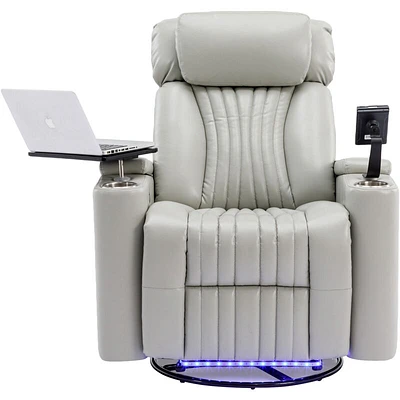 270 Power Swivel Recliner, Home Theater Seating With Hidden Arm Storage and LED Light Strip, Cup Holder,360 Swivel Tray Table, and Cell Phone Holder, Soft Living Room Chair, Grey