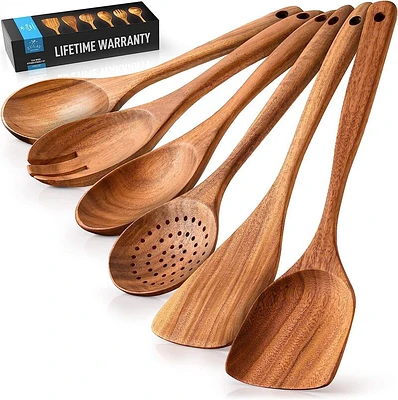 6-Piece Smooth Finish Teak Wooden Utensils for Cooking