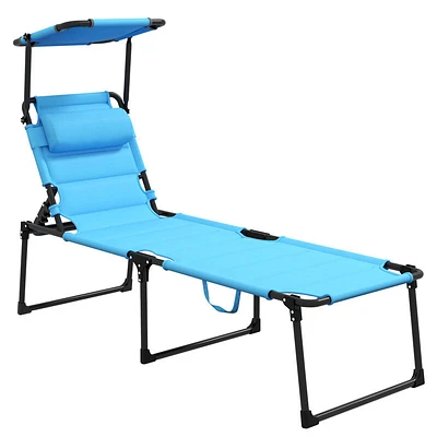 Outsunny Outdoor Lounge Chair, 4 Position Adjustable Backrest Folding Chaise Lounge, Cushioned Tanning Chair with Sun Shade Roof & Pillow Headrest for Beach, Camping, Hiking, Backyard