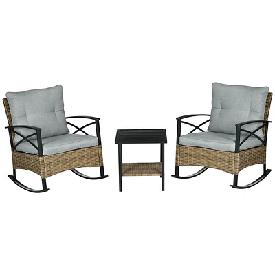 Outsunny 3 Piece Patio Rocking Chair Set, Outdoor Wicker Bistro Set with 2 Cushioned Porch Rockers, Tier Coffee Table, for Gaden, Patio