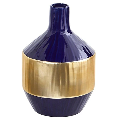 Nearly Natural 9-in Lux Blue Ceramic Vase with Gold Band