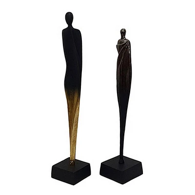 Set of 2 Decorative Human Statuettes, Aluminum, Bold Black, Gold, Silver - Benzara