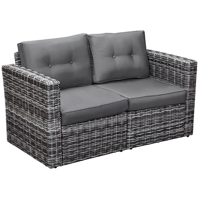 Outsunny 2 Piece Patio Wicker Corner Sofa Set, Outdoor PE Rattan Furniture, with Curved Armrests and Padded Cushions for Balcony, Garden, or Lawn