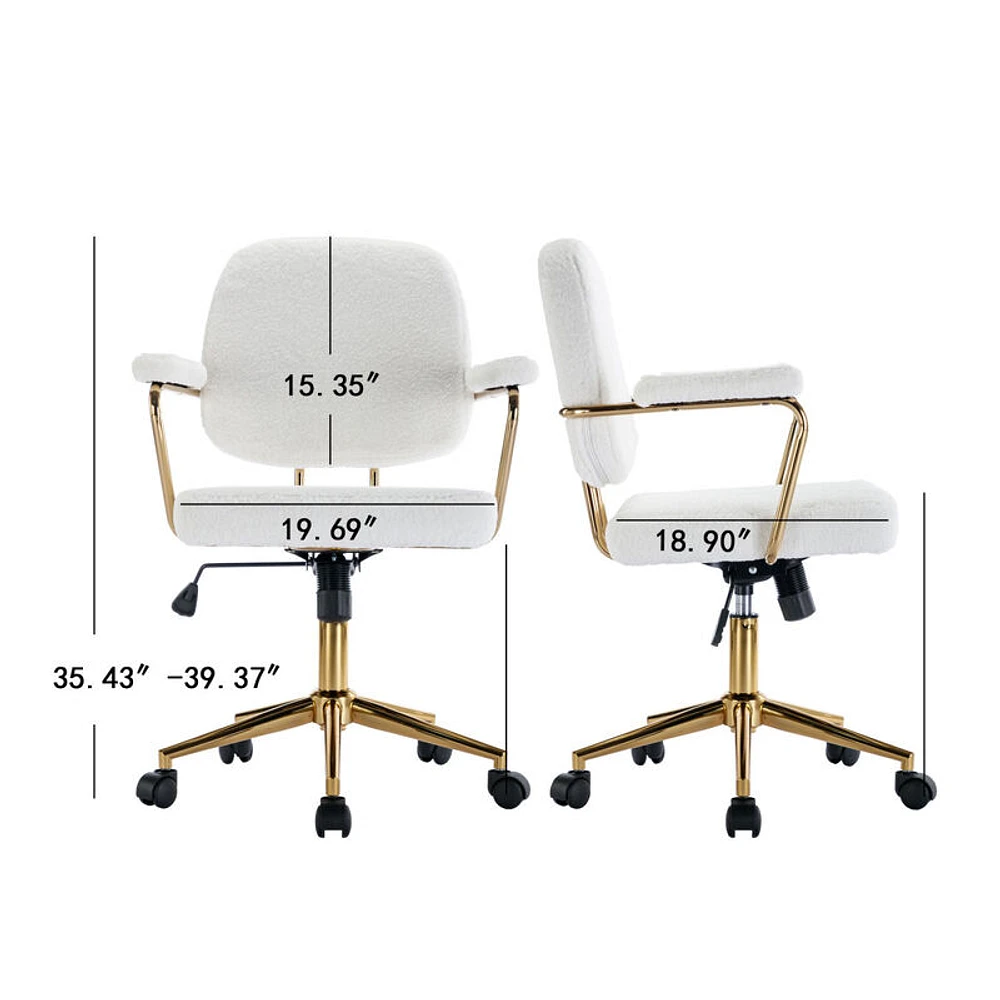Teddy Velvet Makeup Office Desk Chair Bling Desk, Cute Vanity Chair with Side Arms and Wheels 360, Bling Desk Nail Desk for Women, Adjustable Height, White