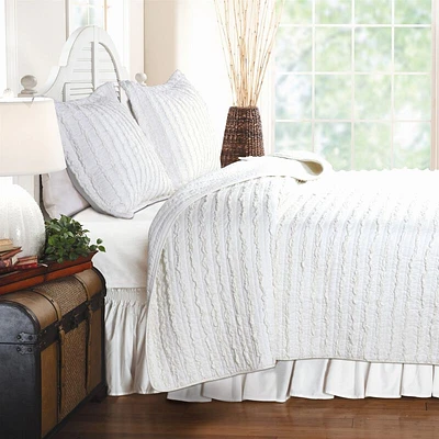 QuikFurn King size 3-Piece Quilt Set with 2 Pillow Shams 100% Cotton White Ruffles