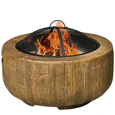 Outsunny Outdoor Fire Pit, Inch Metal Wood Burning Fireplace with Spark Cover, Poker, Woodgrain Design for Patio, Picnic, Backyard