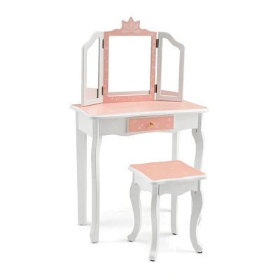 Princess Vanity Table and Chair Set with Tri-Folding Mirror Snowflake Print